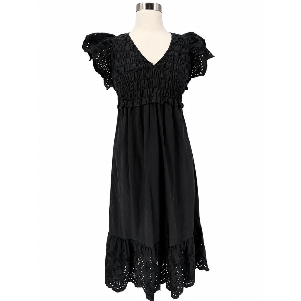 Rails Clementine Eyelet Midi Dress Size S Black Cotton Poplin Pockets GUC